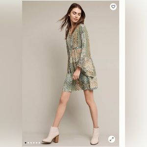 Anthropologie Floreat Amelie Silk Kimono Sleeve Green Paisley Dress. Size 2